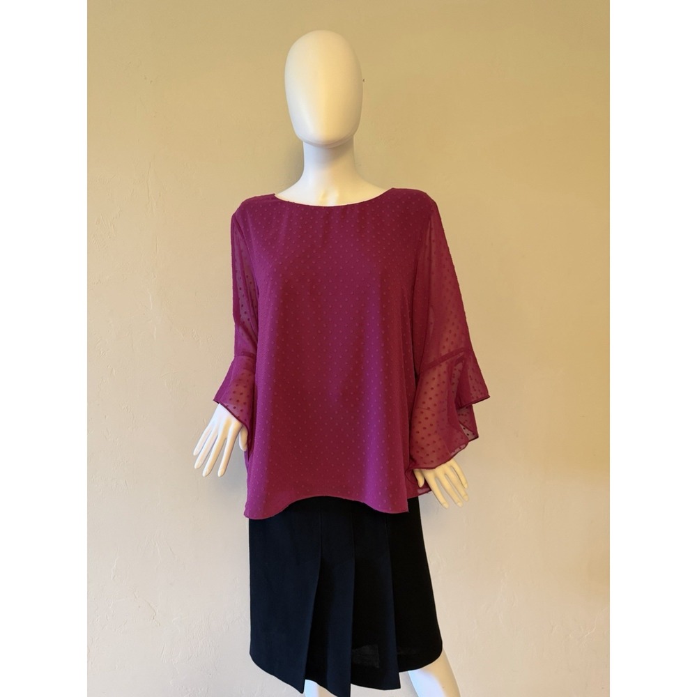 Black Label By Evan-Picone Blouse Shirt XL Pink Polka Dot 3/4 Bell Sleeves